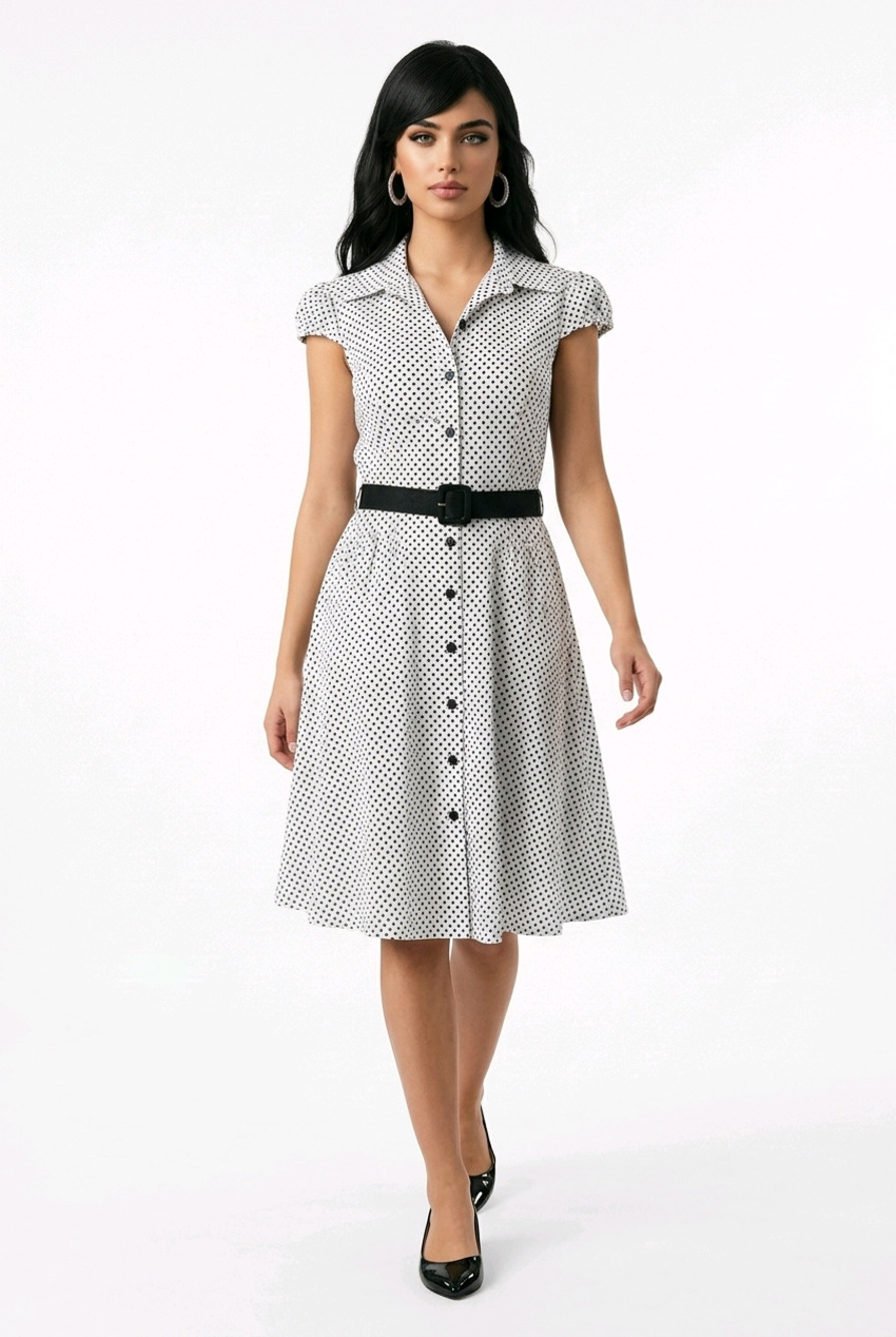 Nine West Daisy Dot Belted Cotton Button Dress 2 Retro Black White